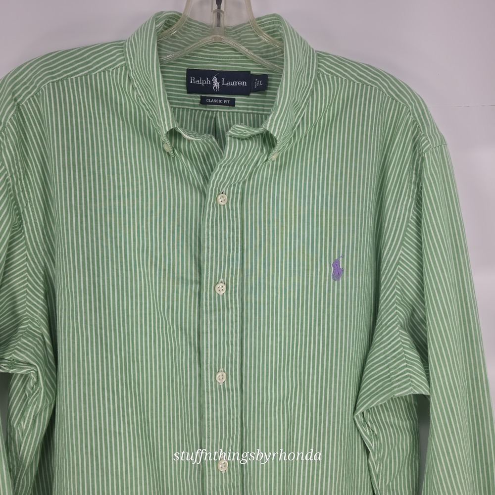 Ralph Lauren Green & White Striped Purple Pony Button Down Shirt Mens Large